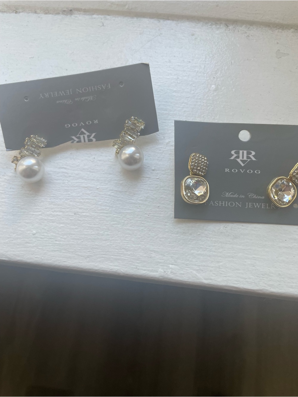 OVO Gold Pearl Drop Earrings - White Pearl and Crystal Accent. 2 pairs